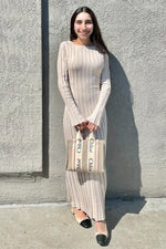 Taupe Ribbed Knit Maxi Dress by PinkBlush