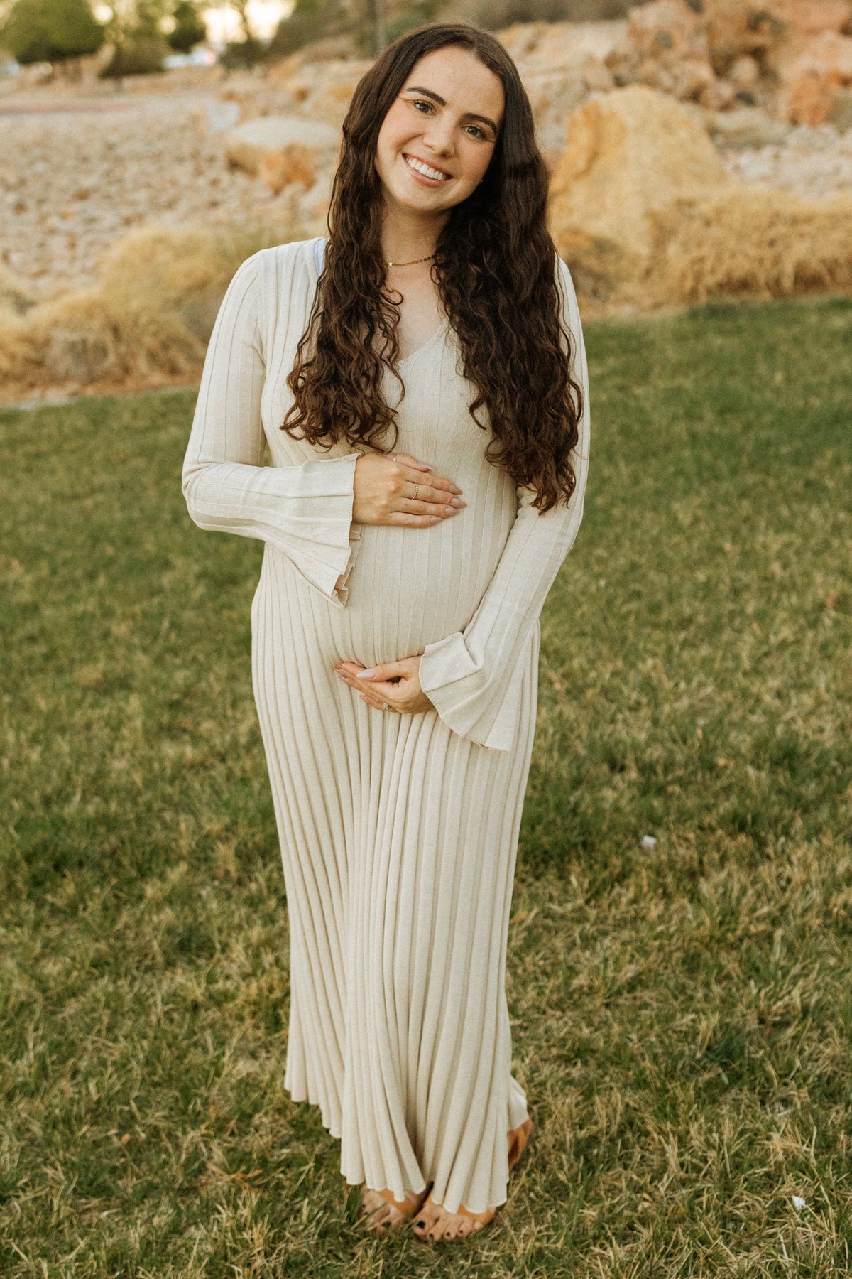 Taupe Ribbed Maternity Knit Maxi Dress by PinkBlush