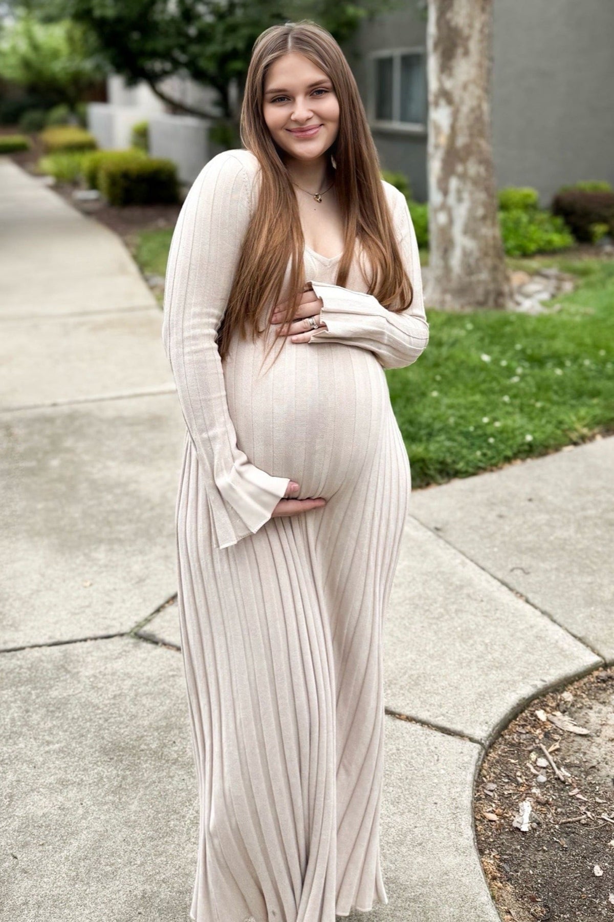 Taupe Ribbed Maternity Knit Maxi Dress by PinkBlush