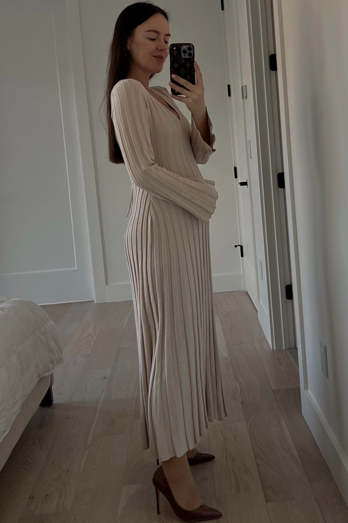 Taupe Ribbed Maternity Knit Maxi Dress by PinkBlush