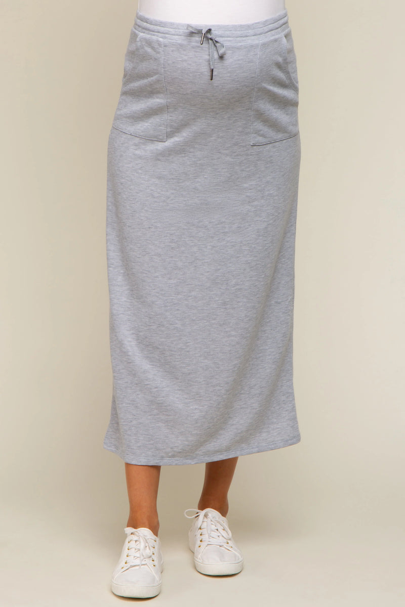 Grey Fleece Drawstring Maternity Maxi Skirt PinkBlush