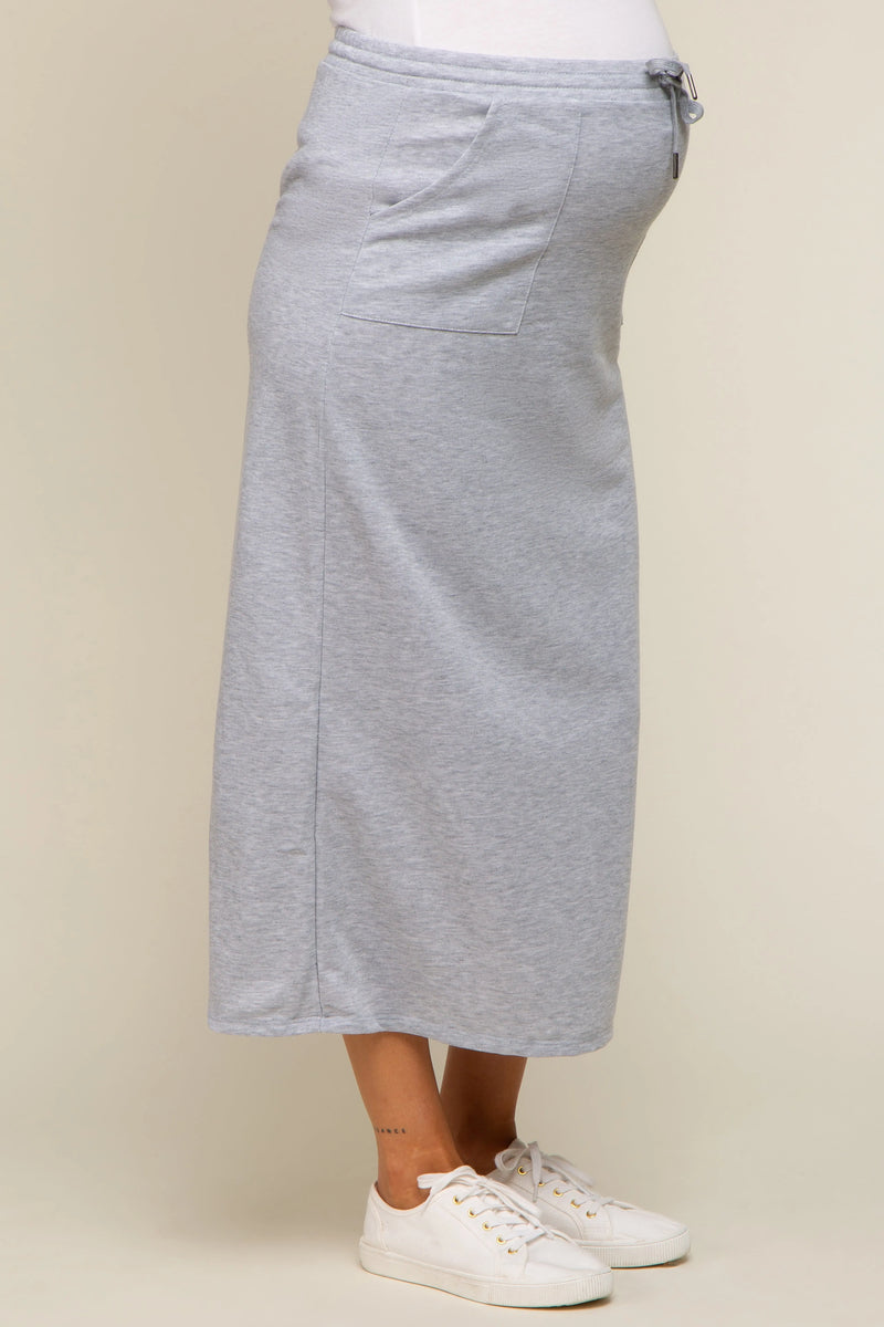 Grey Fleece Drawstring Maternity Maxi Skirt PinkBlush