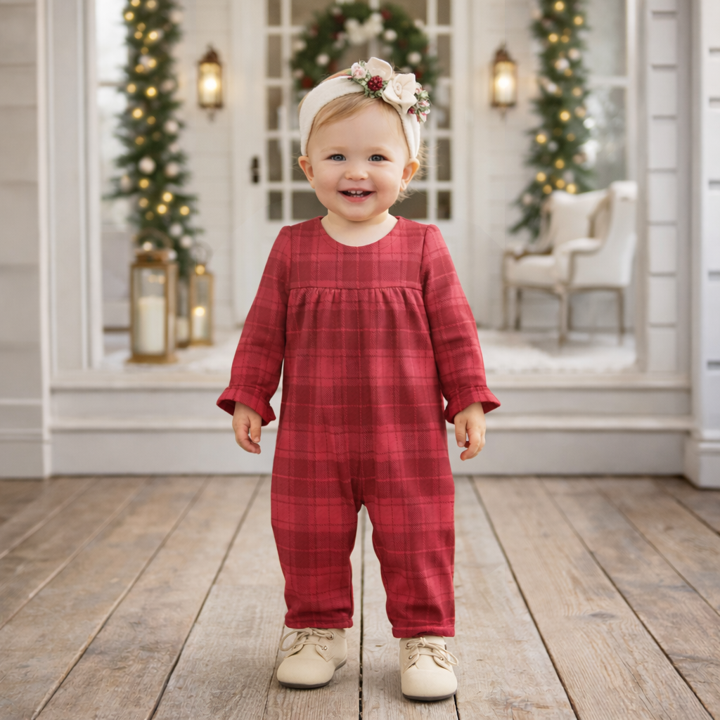 Red plaid baby girl romper with puff sleeves and ruffle trim at the wrists and ankles