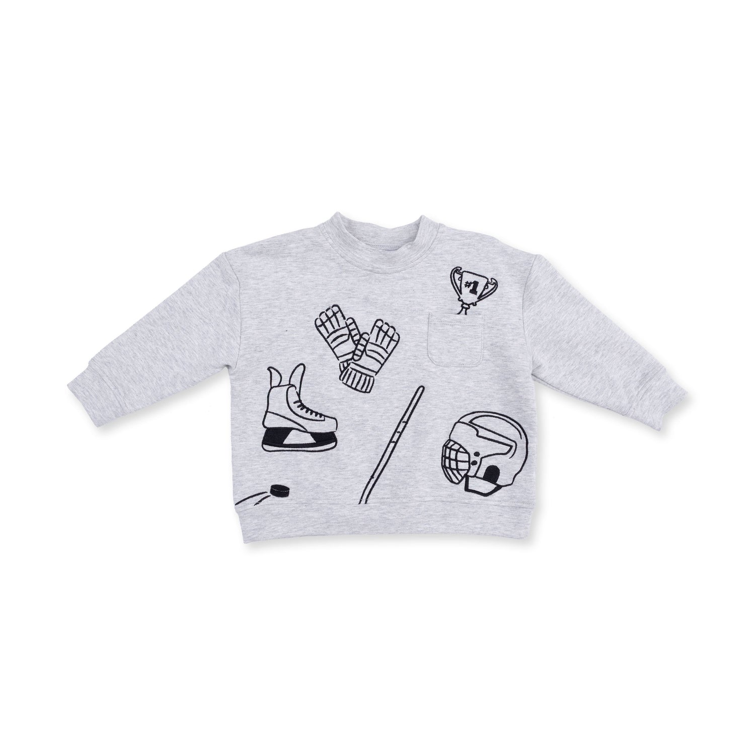 Drop sleeve baby sweatshirt in organic French terry with hockey-themed embroidery and a relaxed fit.