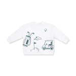 White drop sleeve baby sweatshirt with pink golf club, ball and tee embroidery and a front pocket