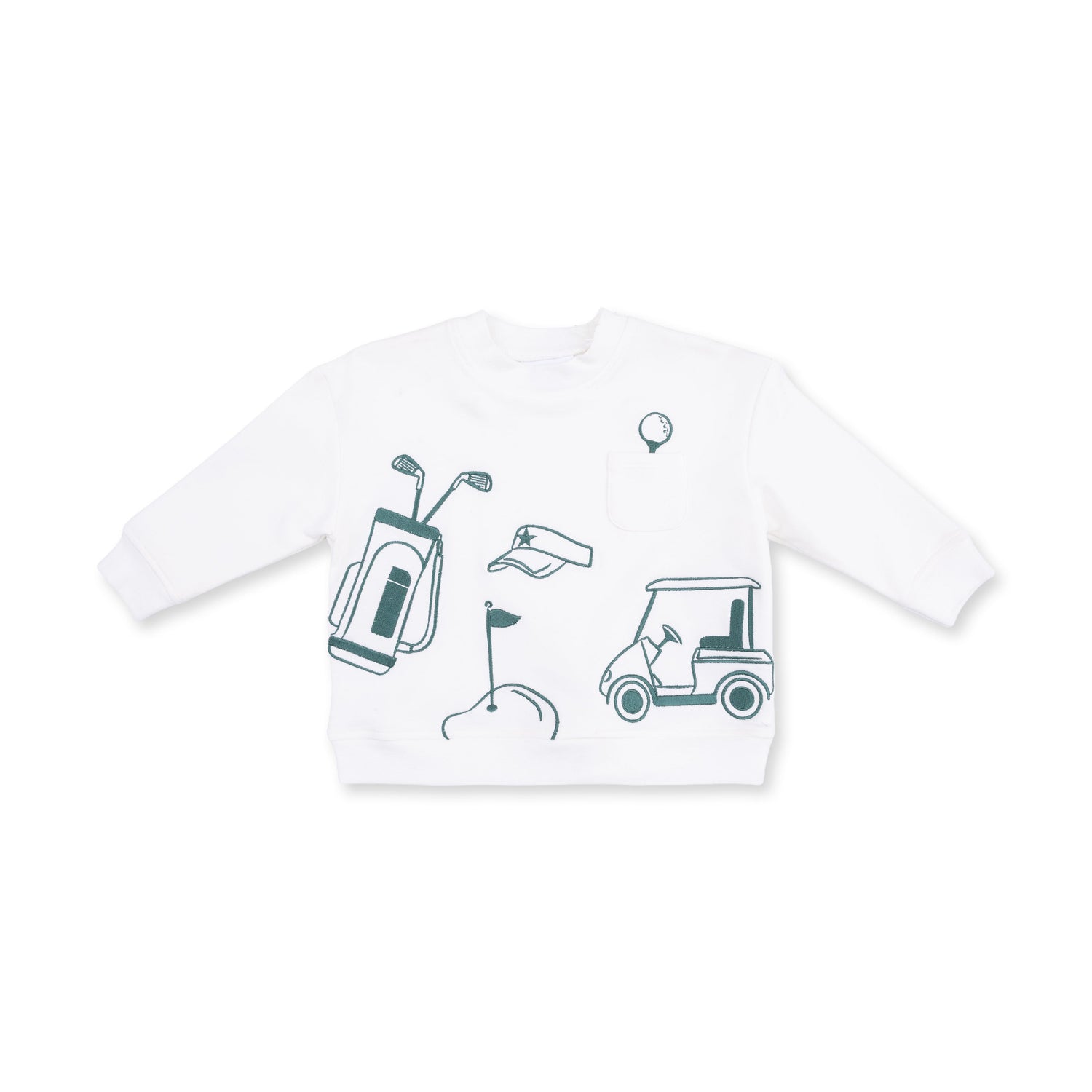 White drop sleeve baby sweatshirt with pink golf club, ball and tee embroidery and a front pocket