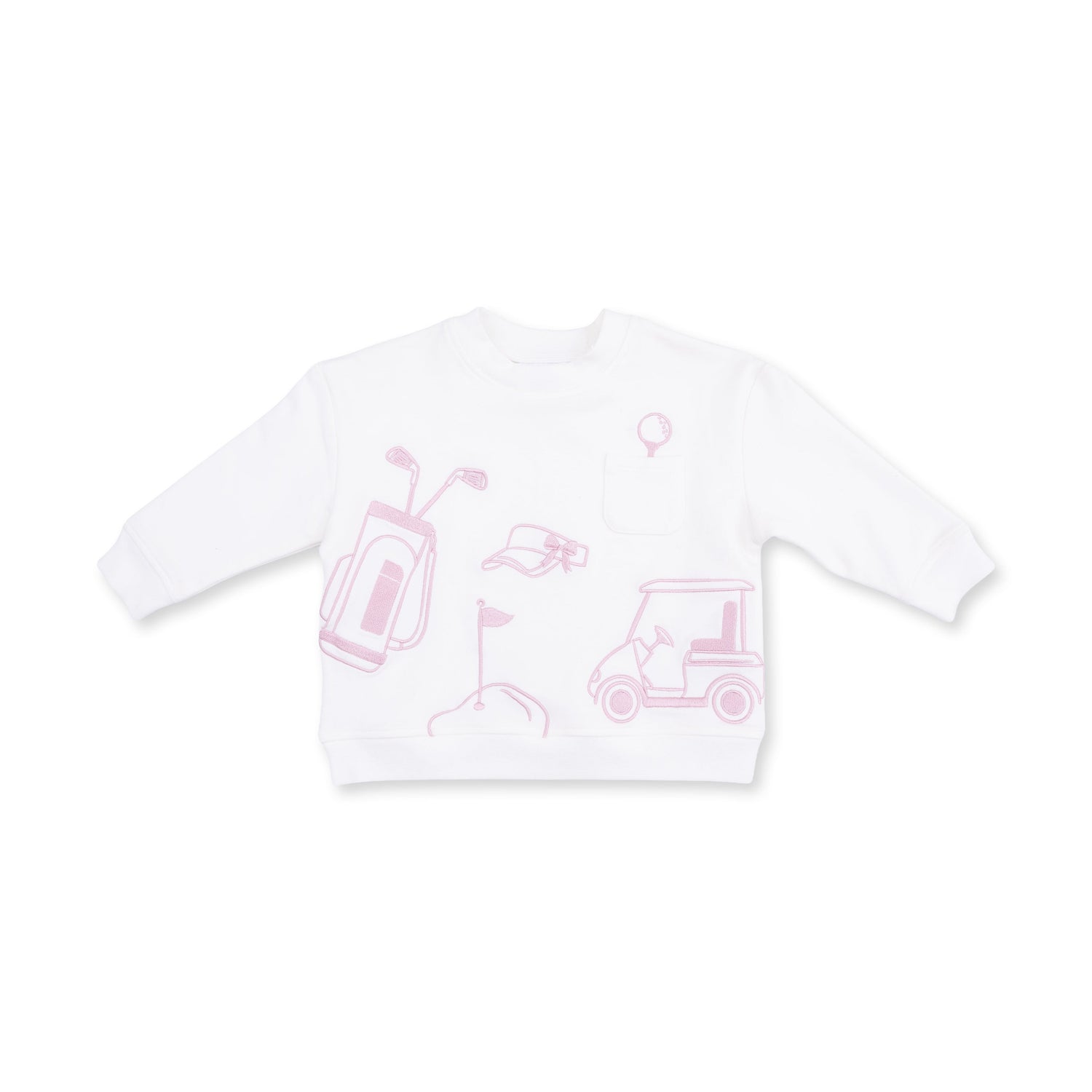 White drop sleeve sweatshirt with pink golf club, ball, and tee embroidery and a front pocket.