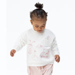 White drop sleeve baby sweatshirt with pink golf embroidery and a front pocket