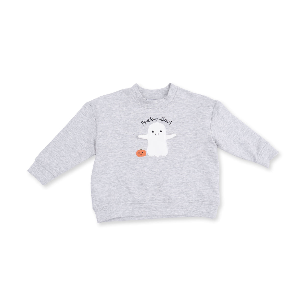 Gray drop sleeve sweatshirt with ghost and pumpkin applique and peek-a-boo embroidery on the front