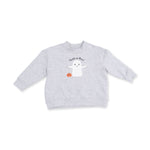 Gray drop sleeve sweatshirt with ghost and pumpkin applique and peek-a-boo embroidery on the front