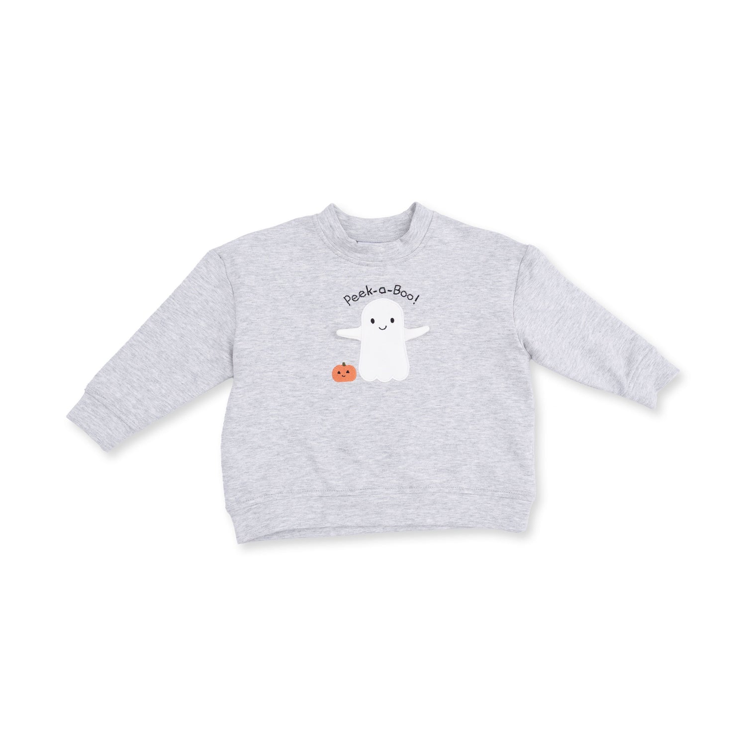 Gray drop sleeve sweatshirt with ghost and pumpkin applique and peek-a-boo embroidery on the front
