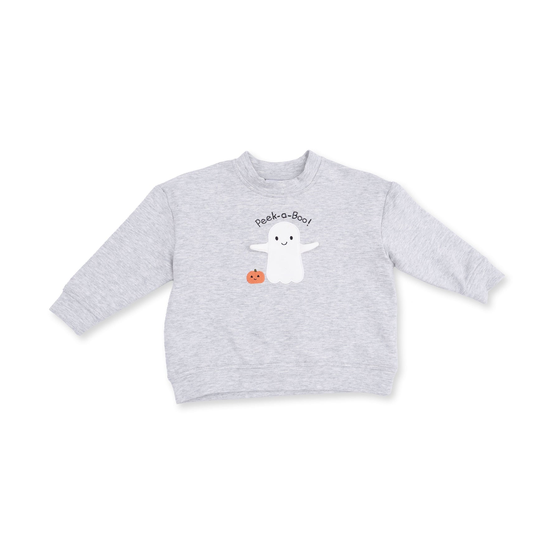 Gray drop sleeve sweatshirt with ghost and pumpkin applique and peek-a-boo embroidery on the front