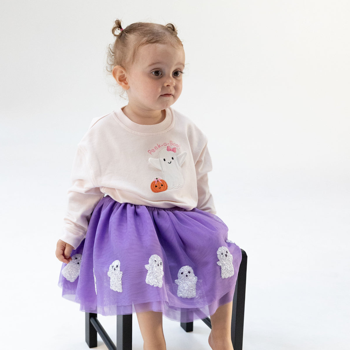 Tutu skirt with tulle overlay, sequin ghost appliques, sparkle waistband and attached bike shorts