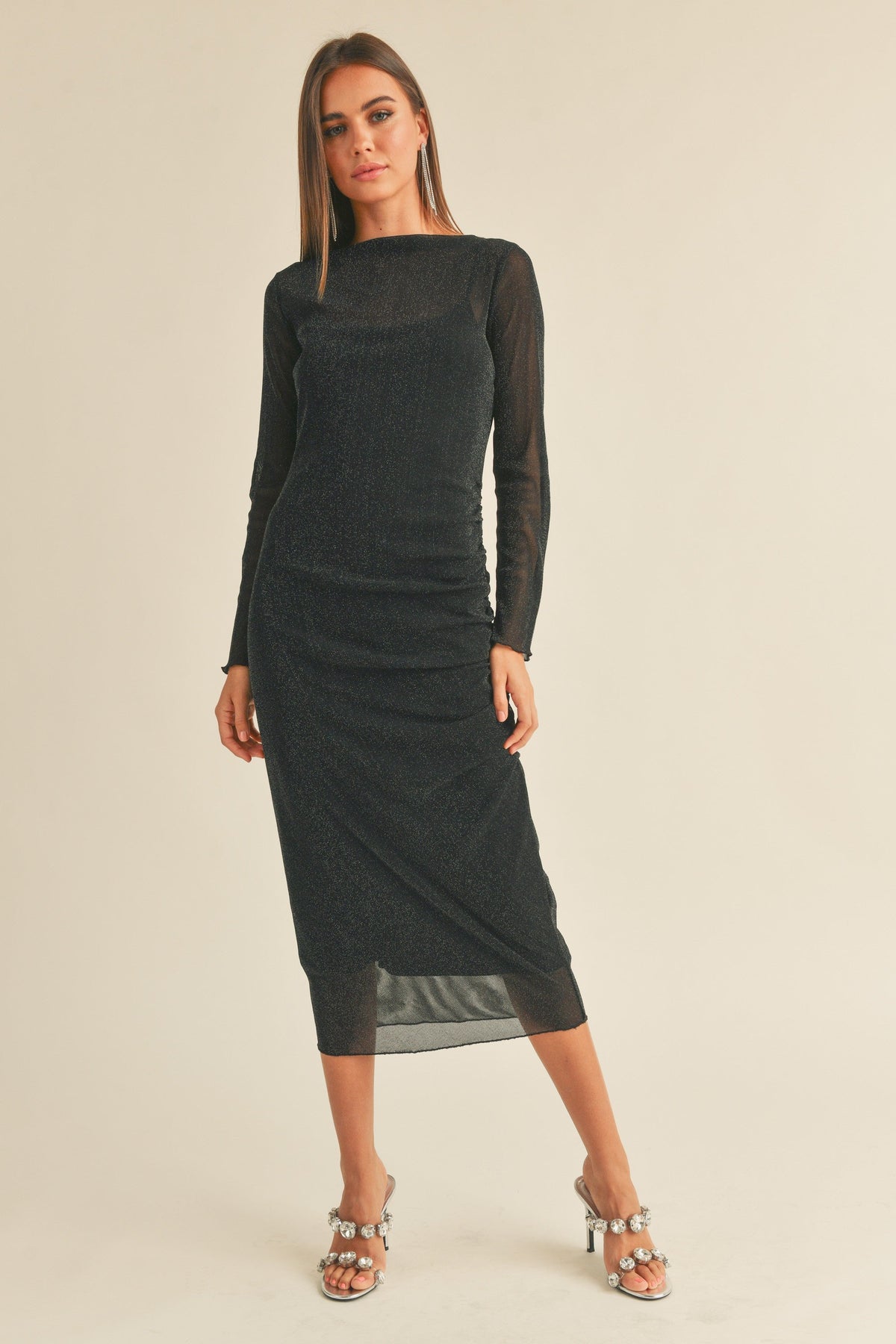 Black Shimmer Mesh Maternity Midi Dress - Ruched Long by PinkBlush