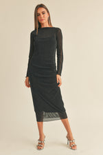 Black Shimmer Mesh Maternity Midi Dress - Ruched Long by PinkBlush
