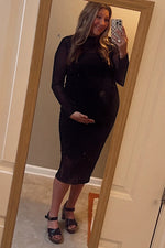 Black Shimmer Mesh Maternity Midi Dress - Ruched Long by PinkBlush