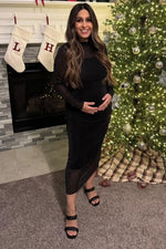 Black Shimmer Mesh Maternity Midi Dress - Ruched Long by PinkBlush