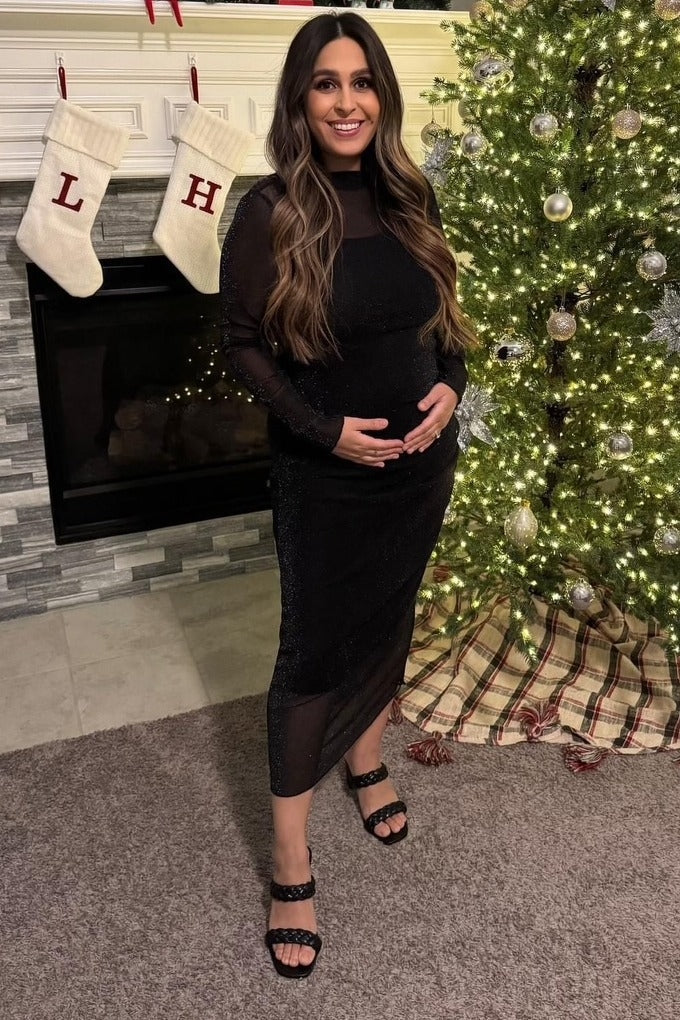 Black Shimmer Mesh Maternity Midi Dress - Ruched Long by PinkBlush