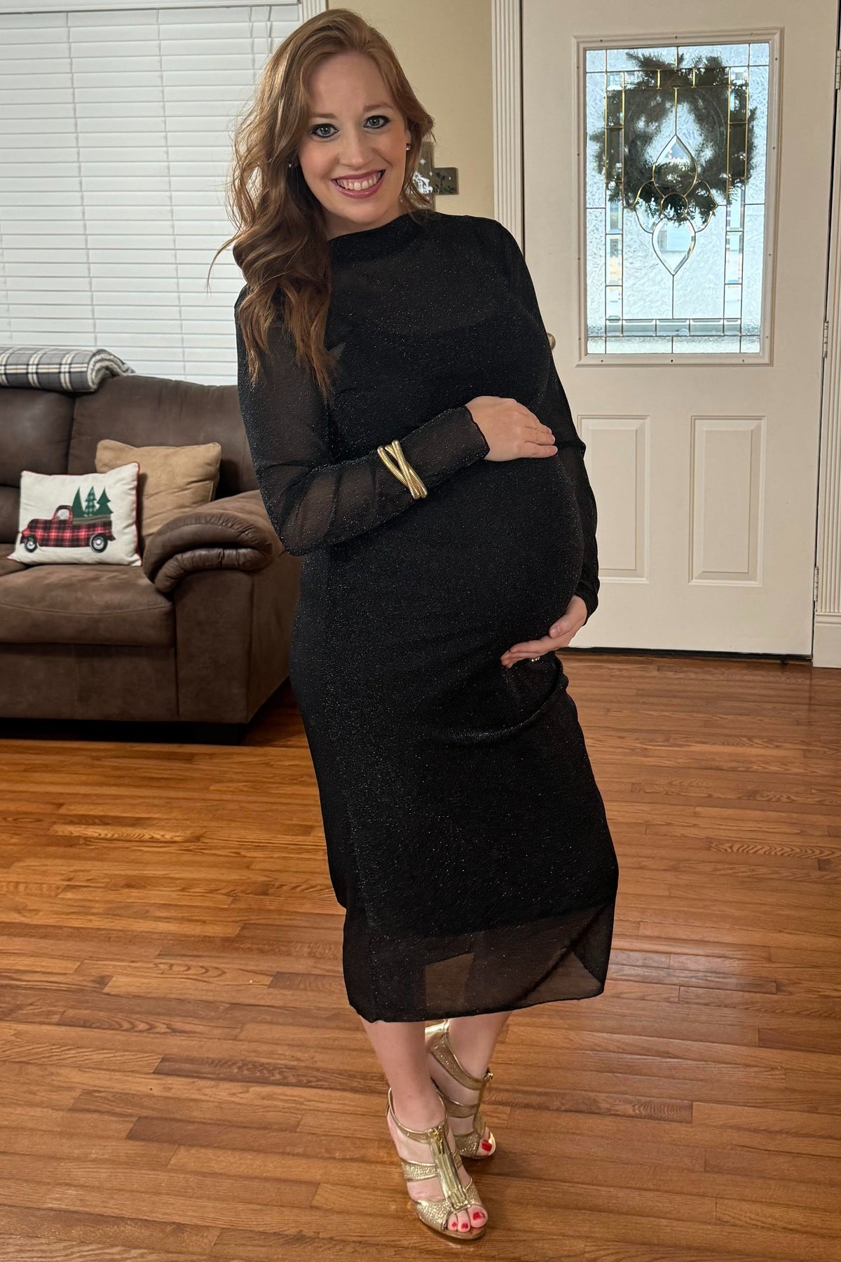 Black Shimmer Mesh Maternity Midi Dress - Ruched Long by PinkBlush