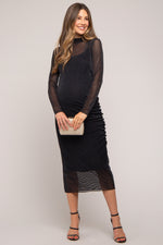 Black Shimmer Mesh Maternity Midi Dress - Ruched Long by PinkBlush