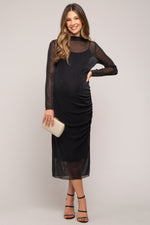 Black Shimmer Mesh Maternity Midi Dress - Ruched Long by PinkBlush