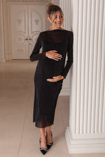 Black Shimmer Mesh Maternity Midi Dress - Ruched Long by PinkBlush