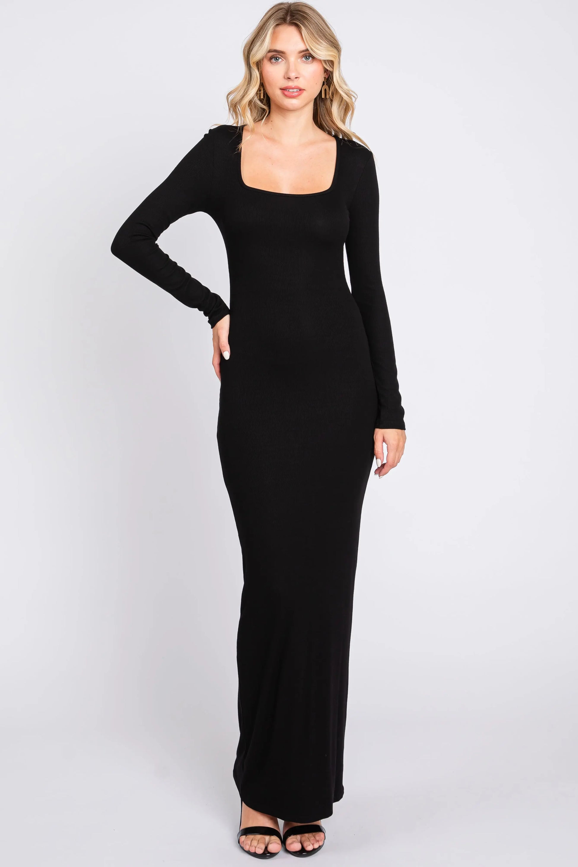 Black Ribbed Long Sleeve Square Neck Maternity Maxi Dress PinkBlush