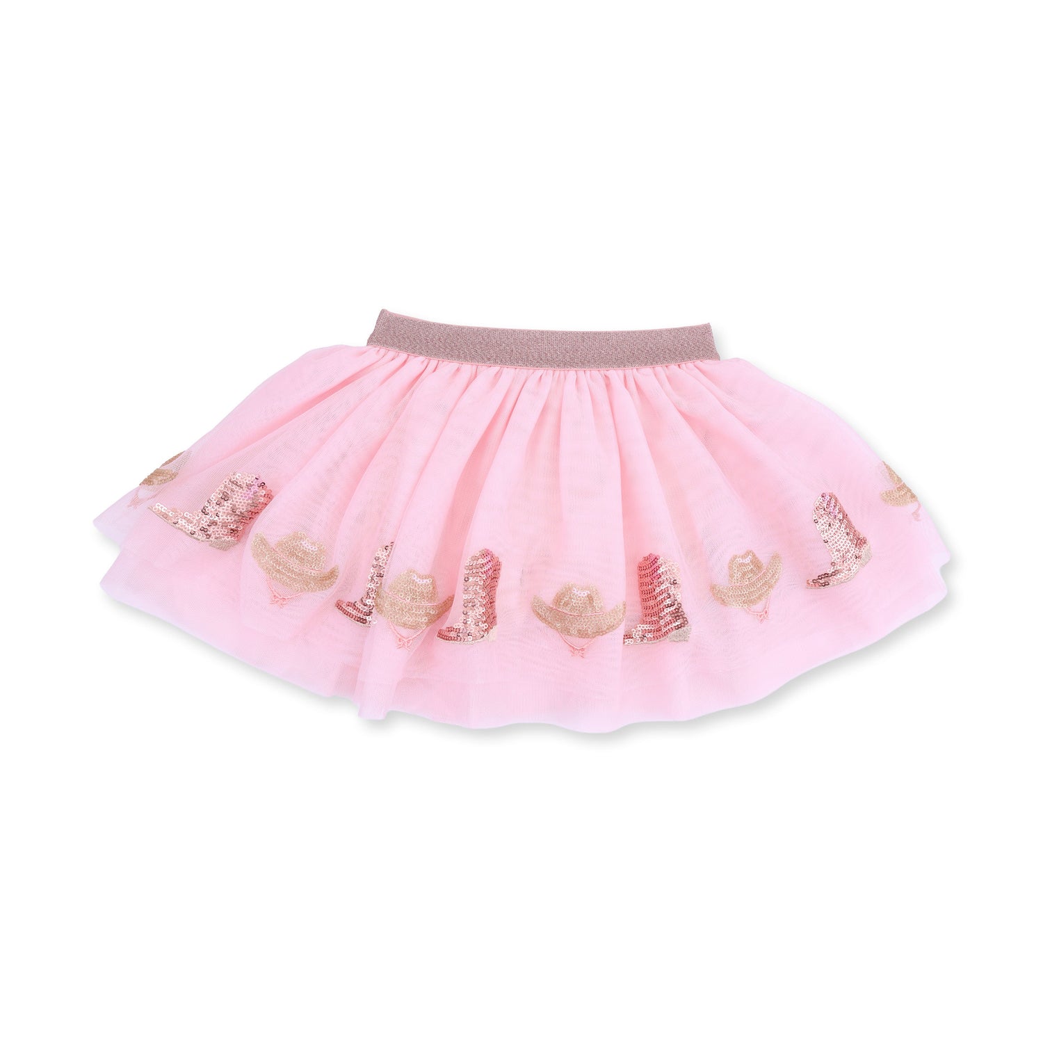 Tutu skirt with tulle overlay, sparkle waistband, and sequin cowboy hat and boot appliques over bike shorts.