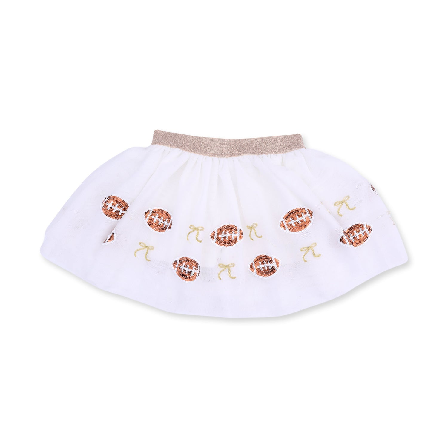 Tutu skirt with tulle overlay, sequin football and bow appliques, sparkle waistband, and attached bike shorts.