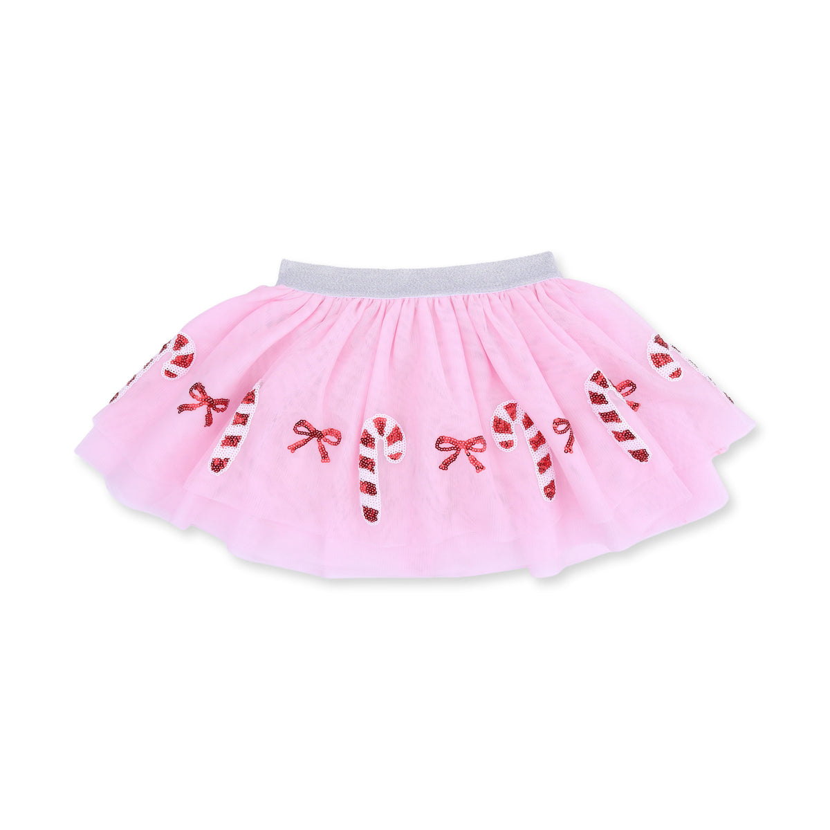Tutu skirt with tulle overlay, sparkle waistband and sequin candy cane and bow appliques over bike shorts