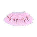 Tutu skirt with tulle overlay, sparkle waistband and sequin candy cane and bow appliques over bike shorts
