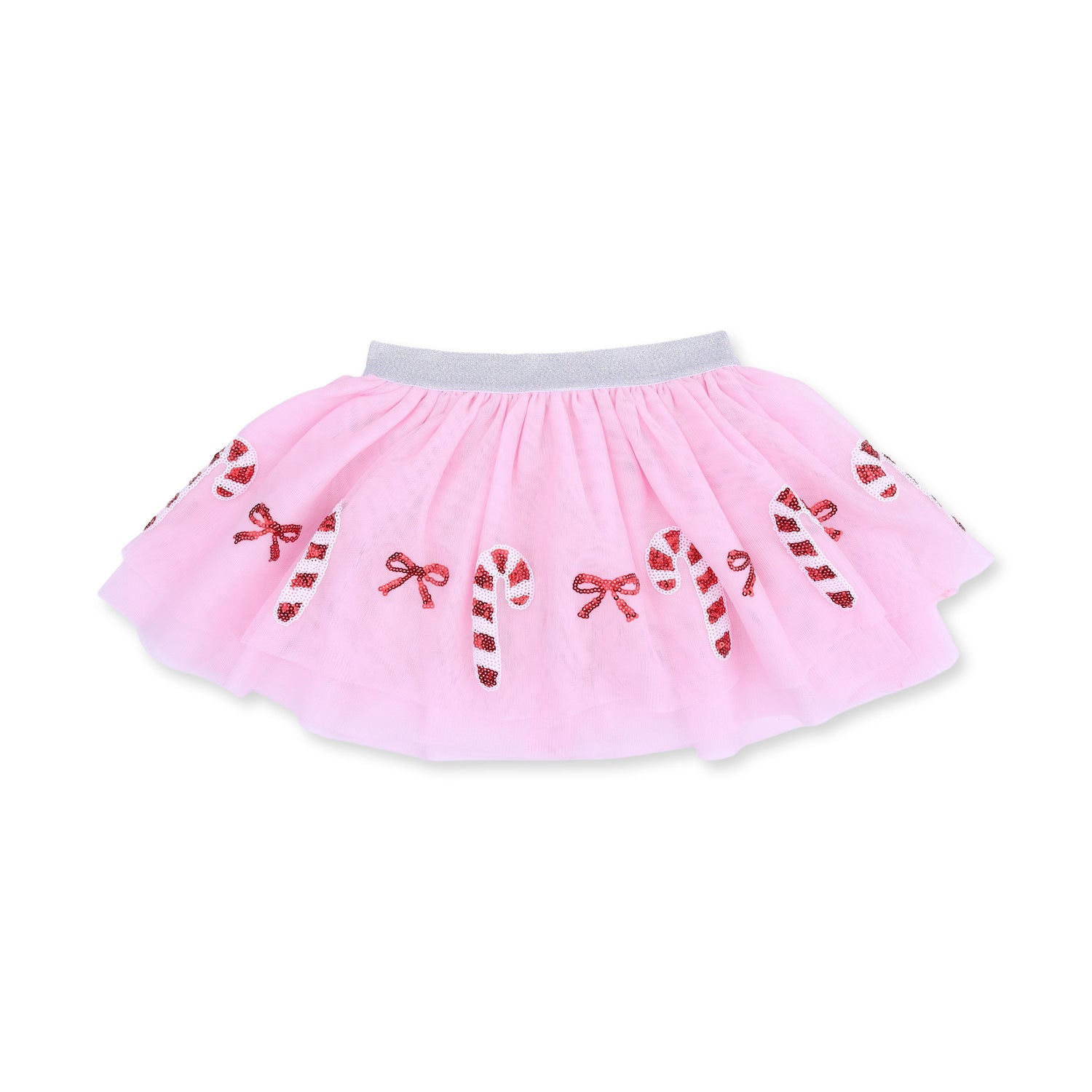Tutu skirt with tulle overlay, sparkle waistband and sequin candy cane and bow appliques over bike shorts