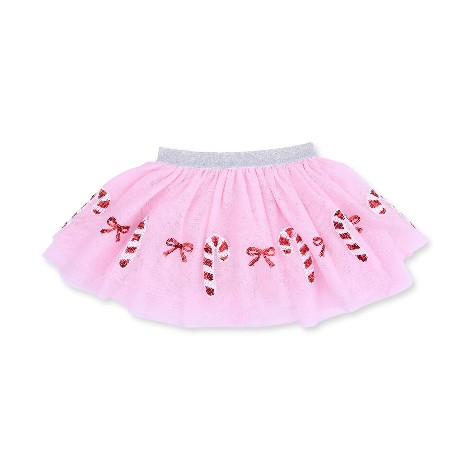 Tutu skirt with tulle overlay, sparkle waistband and sequin candy cane and bow appliques over bike shorts