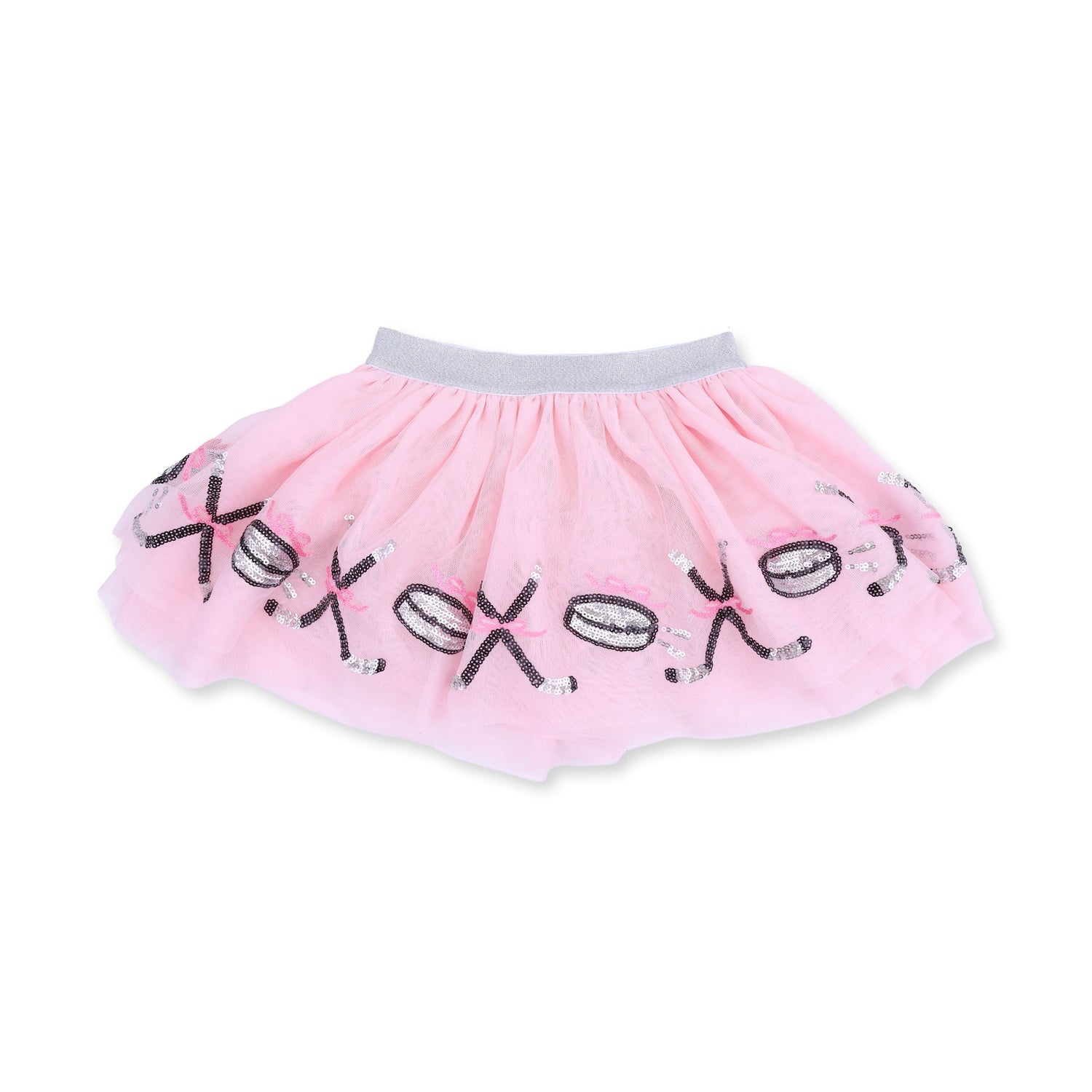 Tutu skirt with tulle overlay, sparkle waistband, and sequin hockey stick and puck appliques over bike shorts.