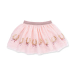 Tutu skirt with bike shorts featuring sequin horseshoe appliques, tulle overlay, and sparkle waistband