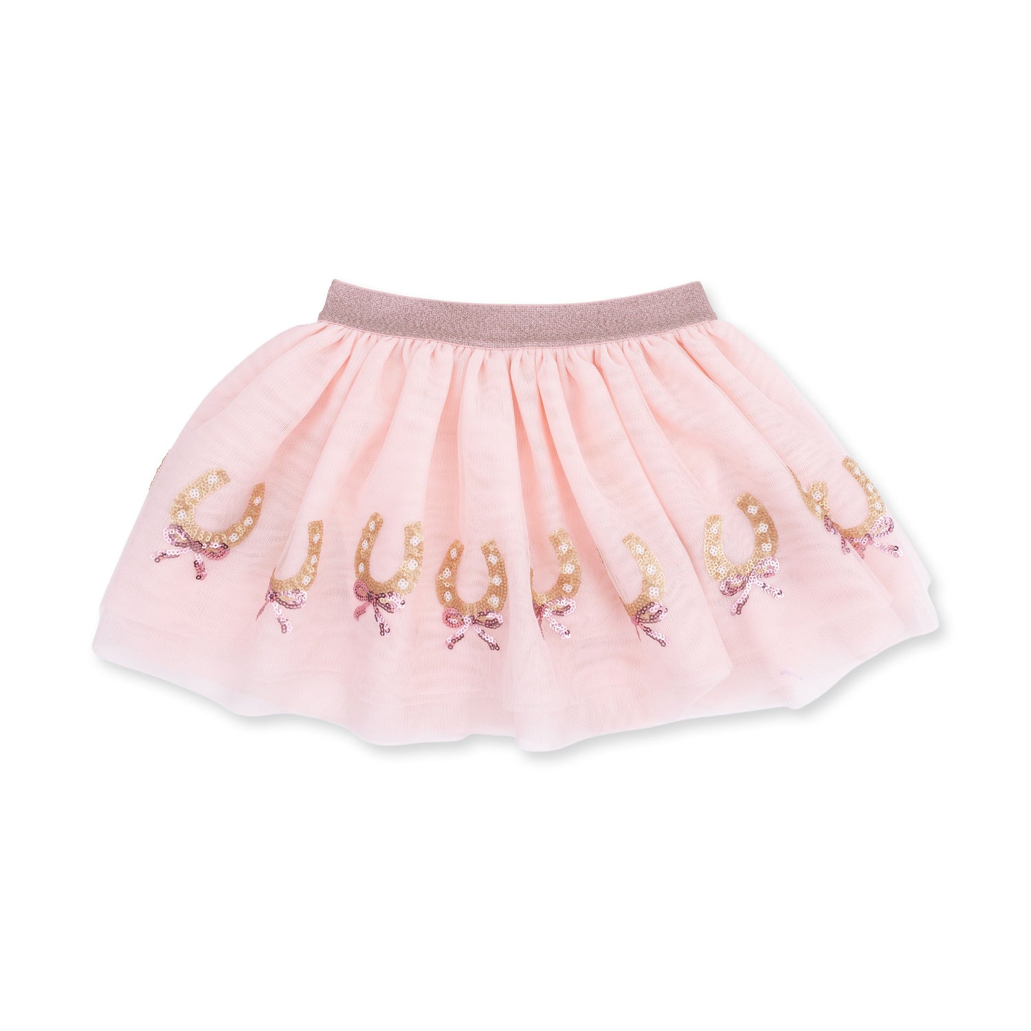 Tutu skirt with bike shorts featuring sequin horseshoe appliques, tulle overlay, and sparkle waistband