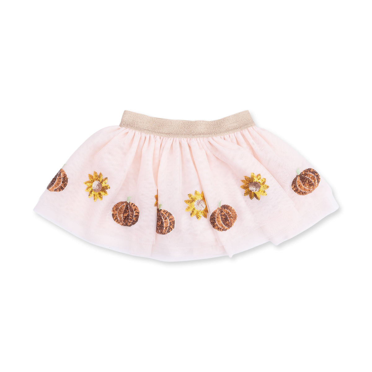 Tutu skirt with tulle overlay, sparkle waistband, sequin pumpkin and sunflower appliques, and bike shorts underneath