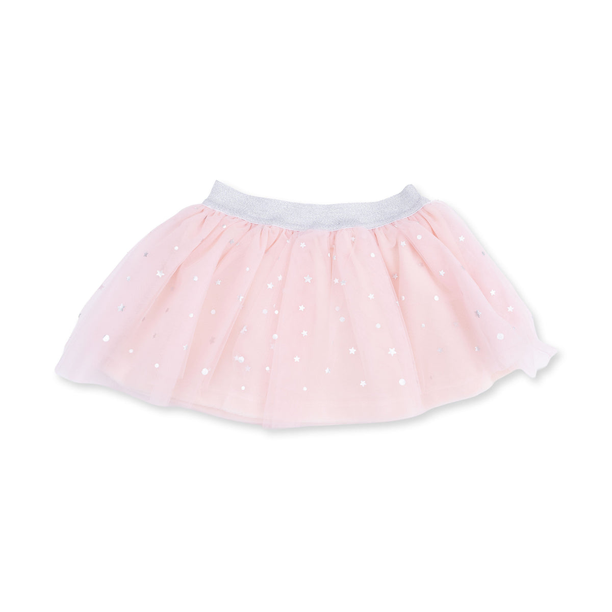 Soft pink tulle tutu skirt with silver foil stars and dots, attached bike shorts, and a sparkle waistband.