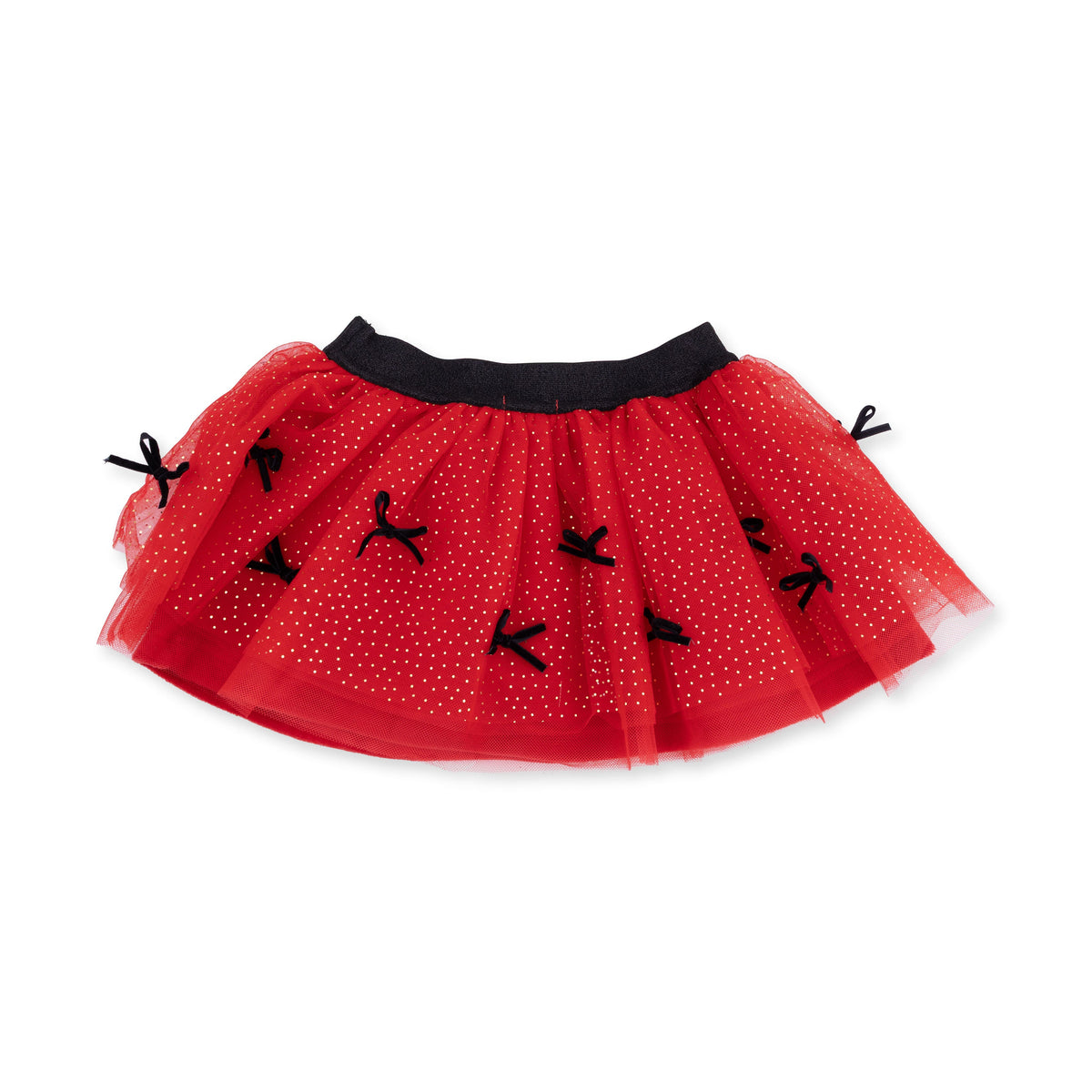 Red tulle tutu skirt with gold sparkle specks, black bow accents, sparkle waistband and bike shorts underneath