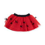 Red tulle tutu skirt with gold sparkle specks, black bow accents, sparkle waistband and bike shorts underneath