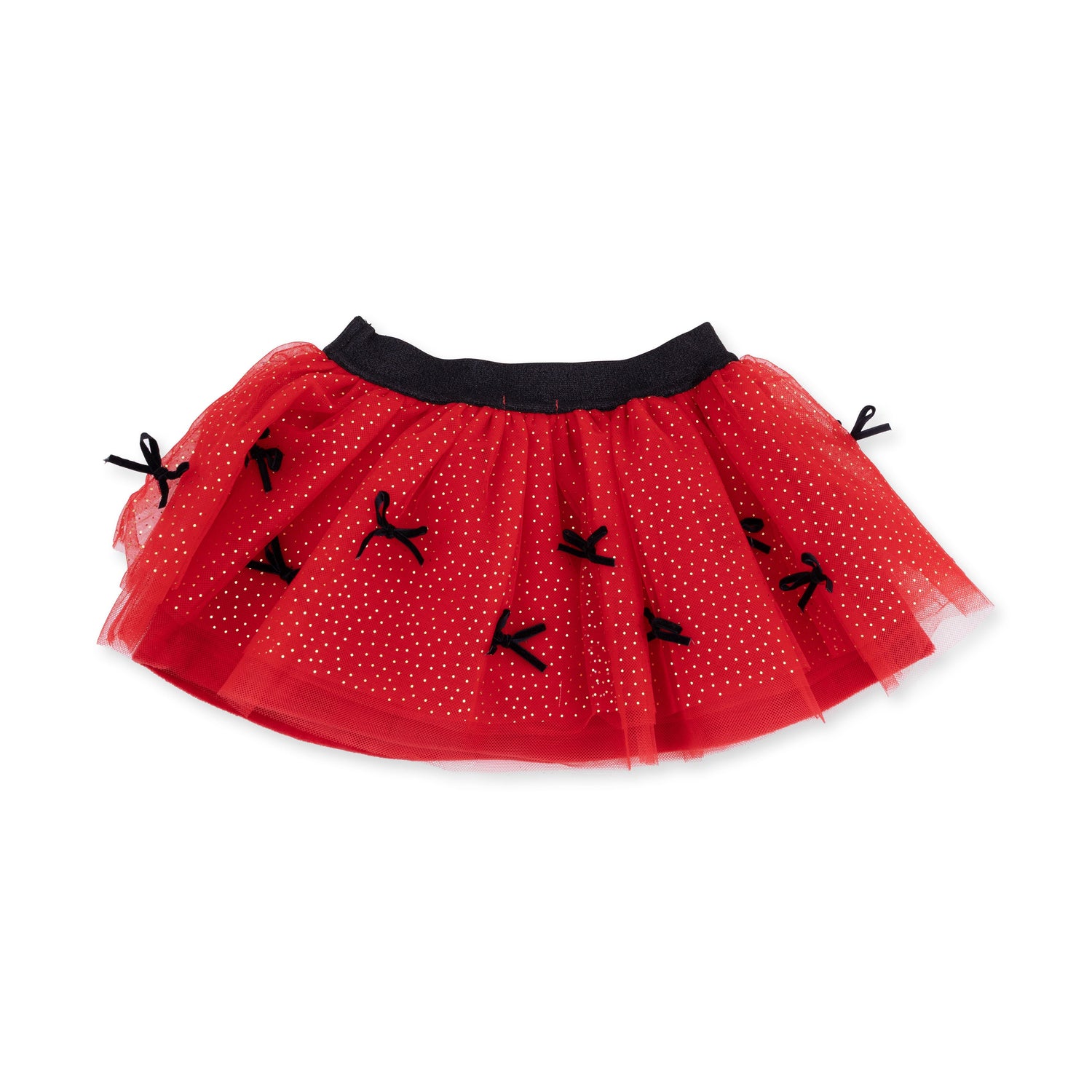 Red tulle tutu skirt with gold sparkle specks, black bow accents, sparkle waistband and bike shorts underneath