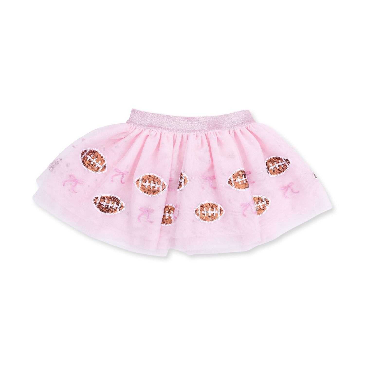 Pink tutu skirt with tulle overlay, sequin football and bow appliques, sparkle waistband, and matching bike shorts.