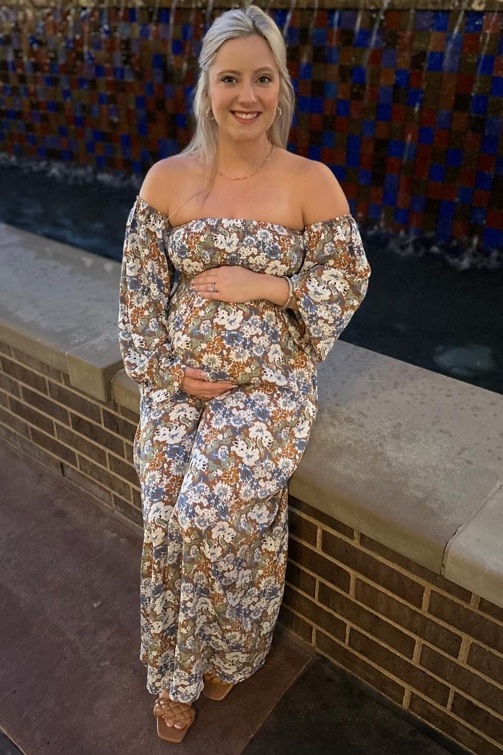 PinkBlush taupe floral print off shoulder smocked maternity maxi dress.