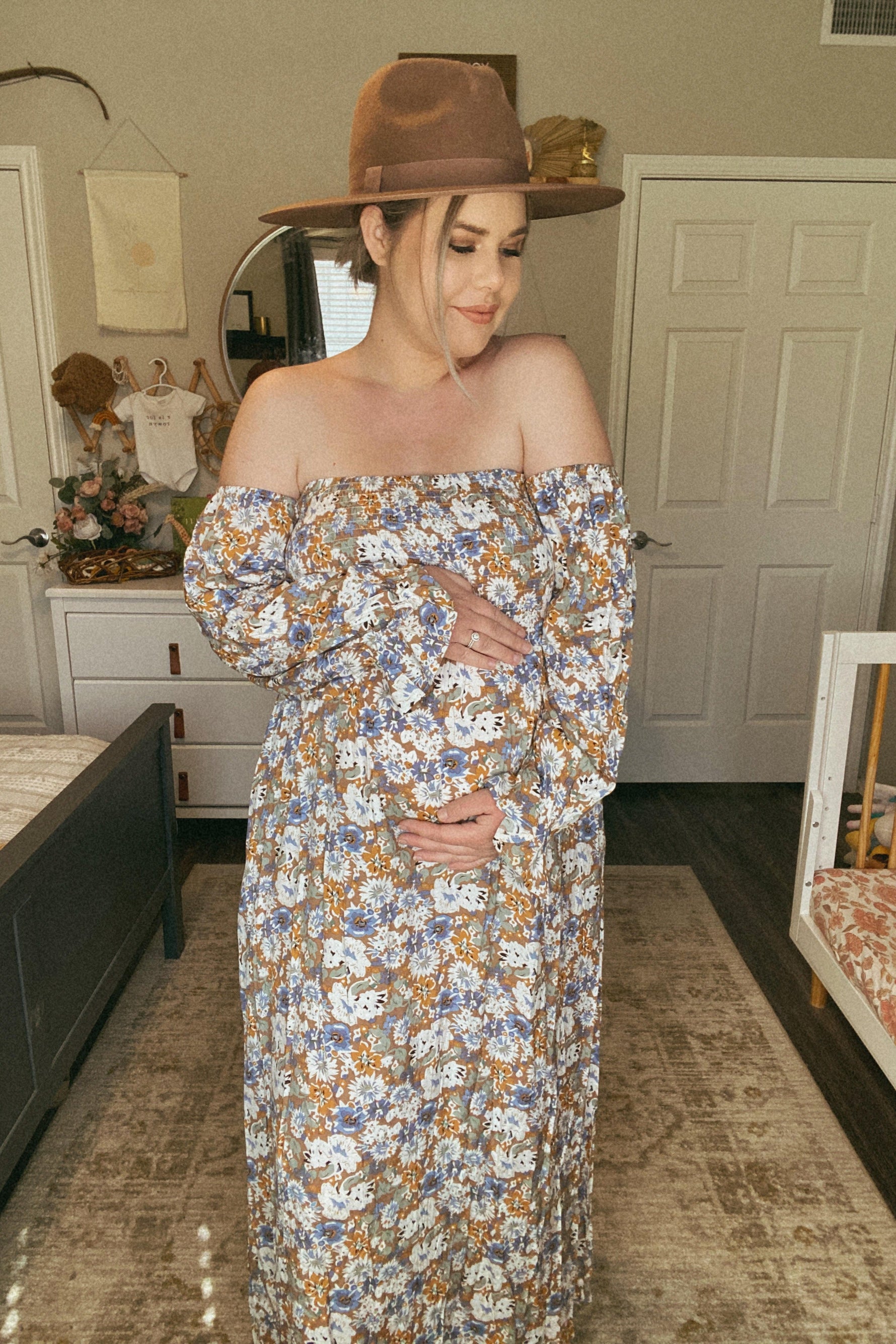 PinkBlush taupe floral off-shoulder smocked maternity maxi dress