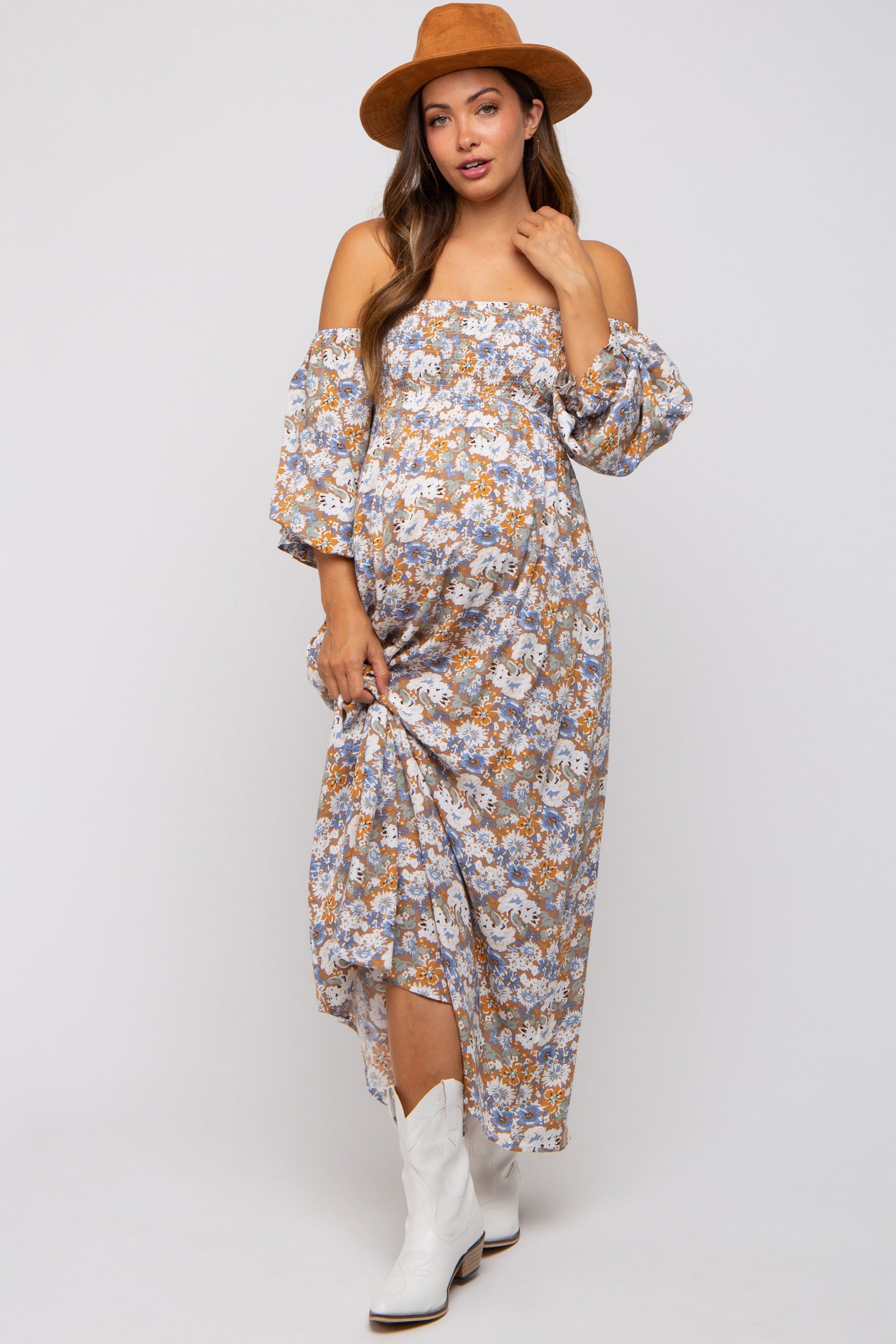 Taupe Floral Print Off Shoulder Smocked Maternity Maxi Dress - Sleeve, Shoulder, Fashion, Day Dress, One-piece garment | Everetts Place