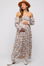 PinkBlush taupe floral off-shoulder smocked maternity maxi dress.