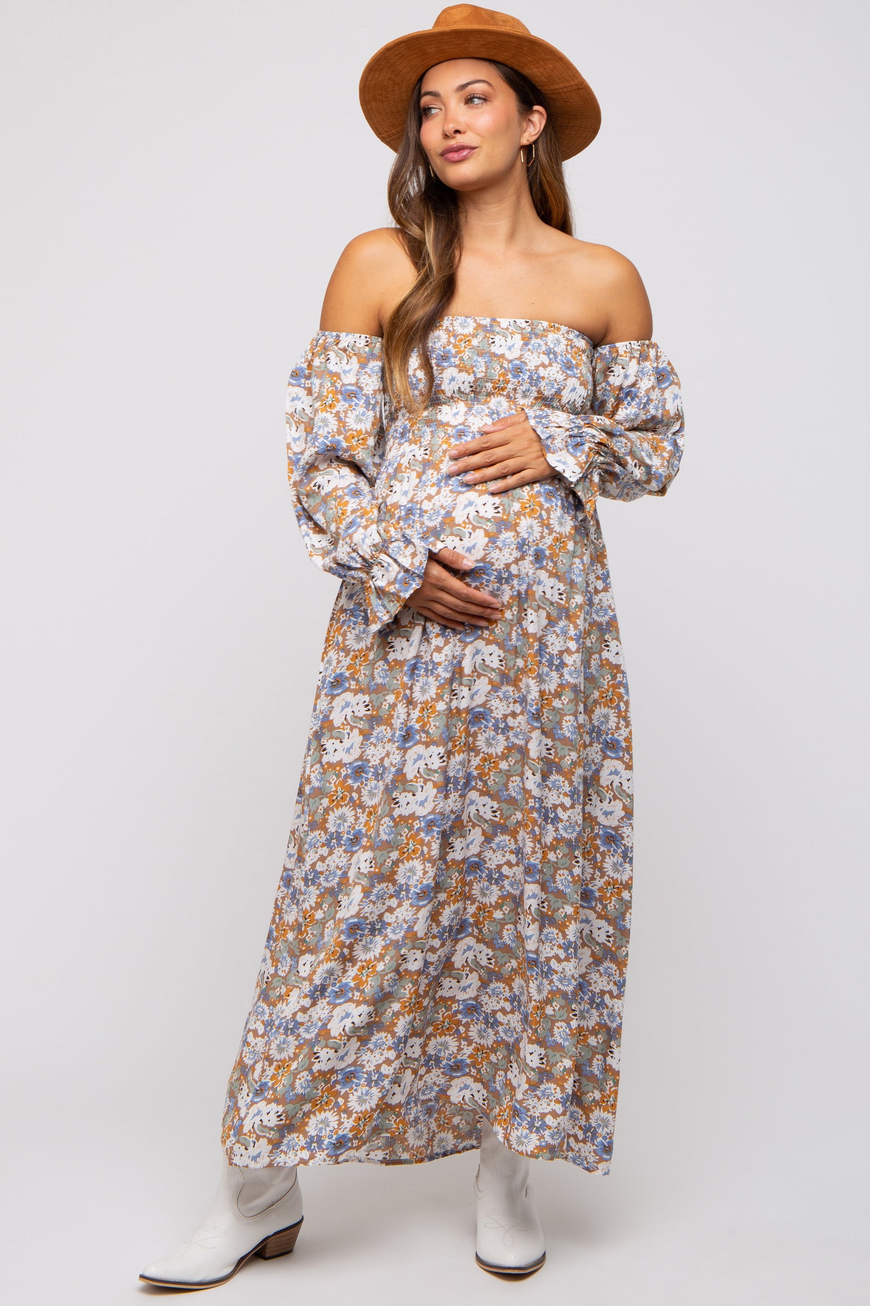 PinkBlush taupe floral off-shoulder smocked maternity maxi dress.