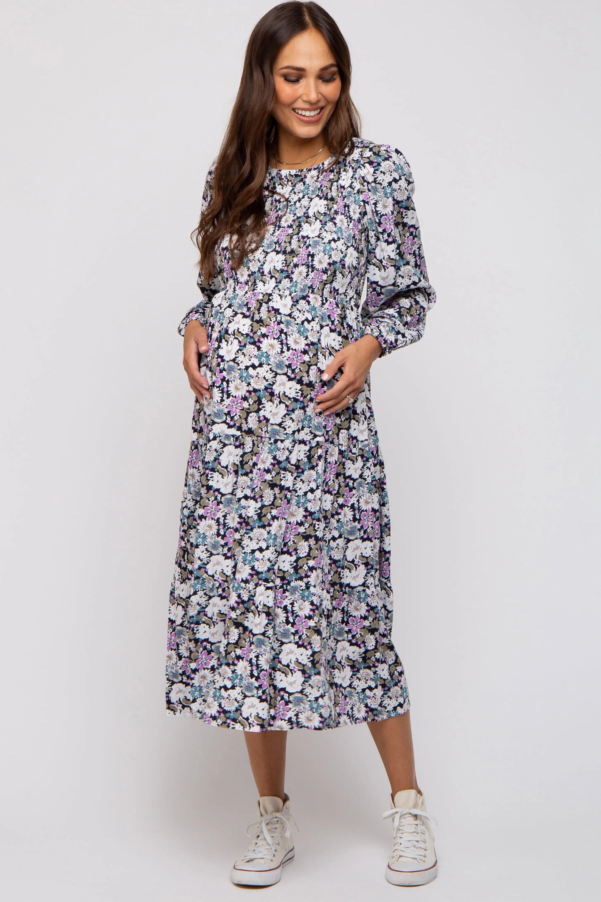 PinkBlush Elegant Floral Maternity Midi Dress with Side Pockets for Expecting Moms - Apparel & Accessories > Clothing > Dresses