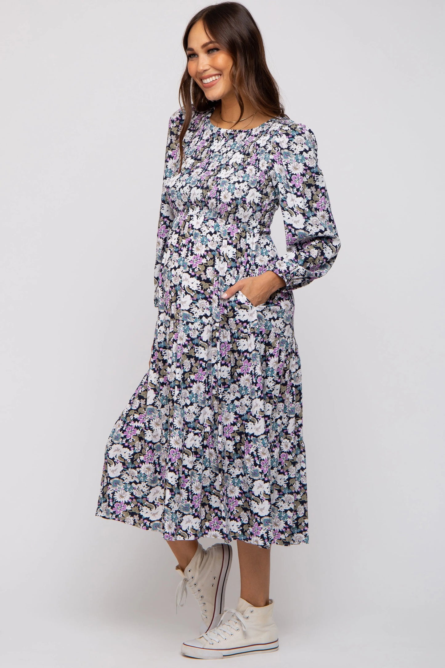 PinkBlush Elegant Floral Maternity Midi Dress with Side Pockets for Expecting Moms - Apparel & Accessories > Clothing > Dresses