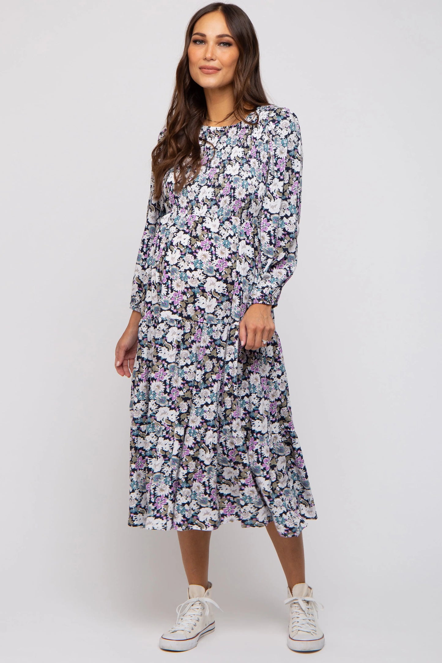 PinkBlush Elegant Floral Maternity Midi Dress with Side Pockets for Expecting Moms - Apparel & Accessories > Clothing > Dresses